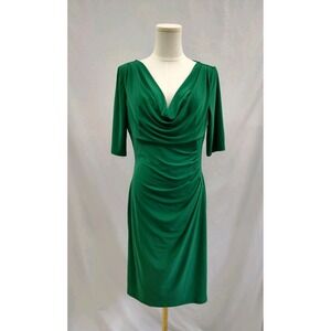 Lauren Ralph Lauren Dress Sheath Kelly Green Jersey Drape Neck Elbow Sleeve 10
